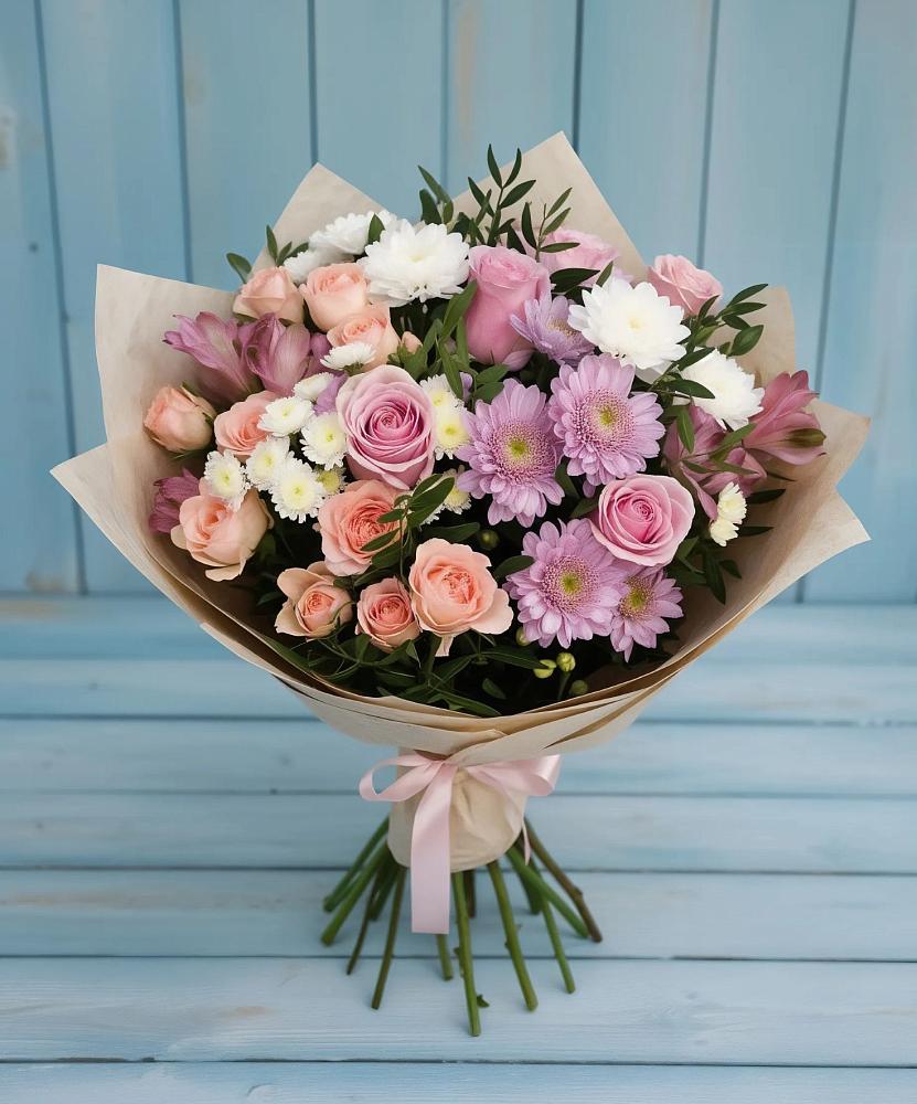 Букет цветов из: Хризантемы, Розы и Альстромерии в Октябрьске Самарская область