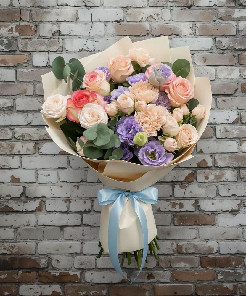 Букет цветов из: Розы, Лизиантусы и Гвоздики в Октябрьске Самарская область