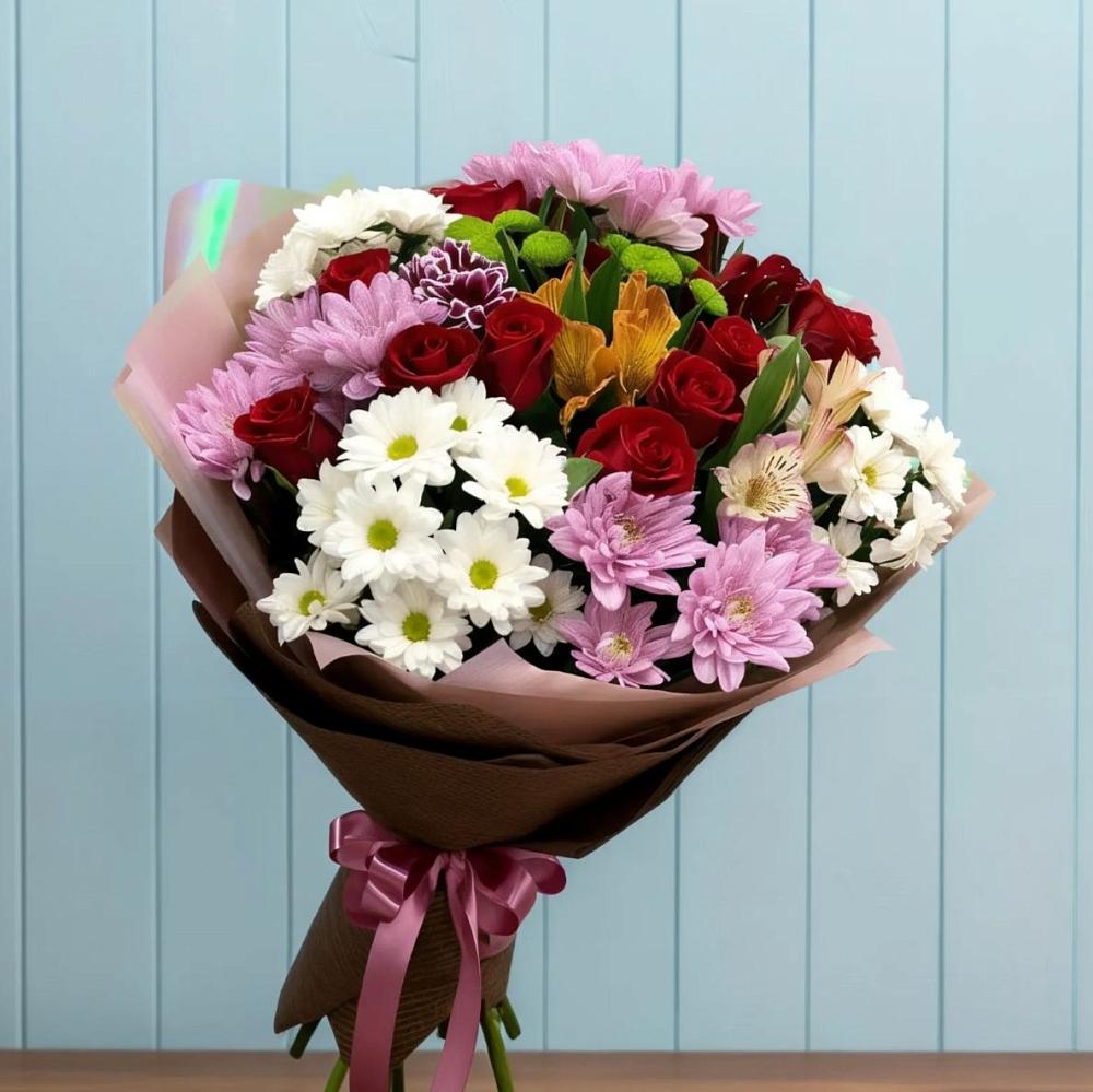 Букет цветов из: Розы, Хризантемы и Альстромерии в Октябрьске Самарская область
